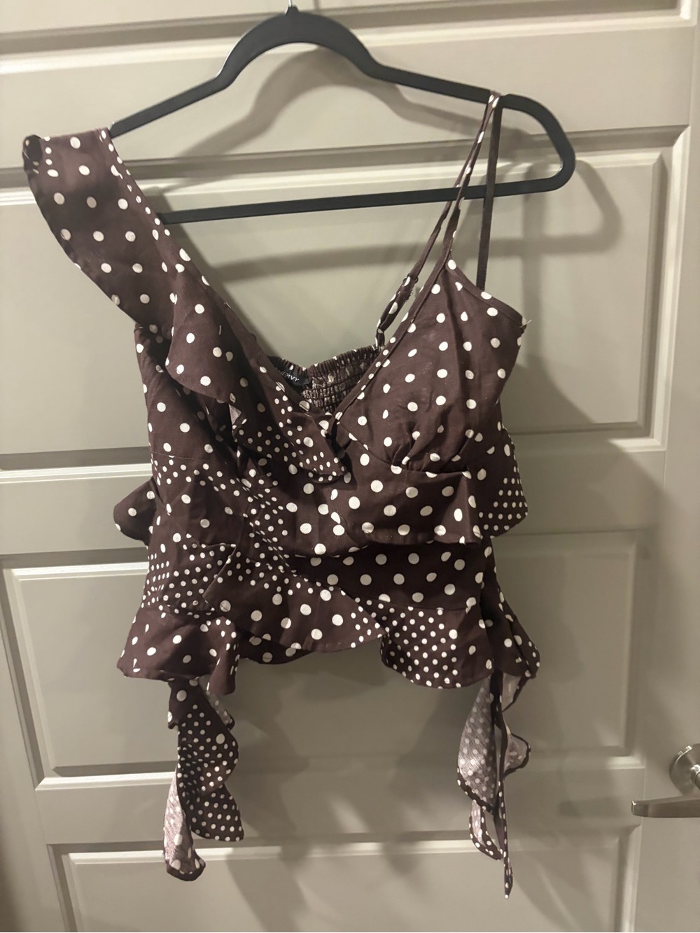 Polka Dot Ruffle Crop Top - Brown